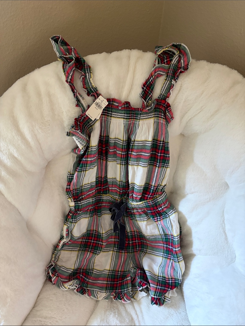 aerie Plaid Ruffle-Strap Romper in Red, Green, White